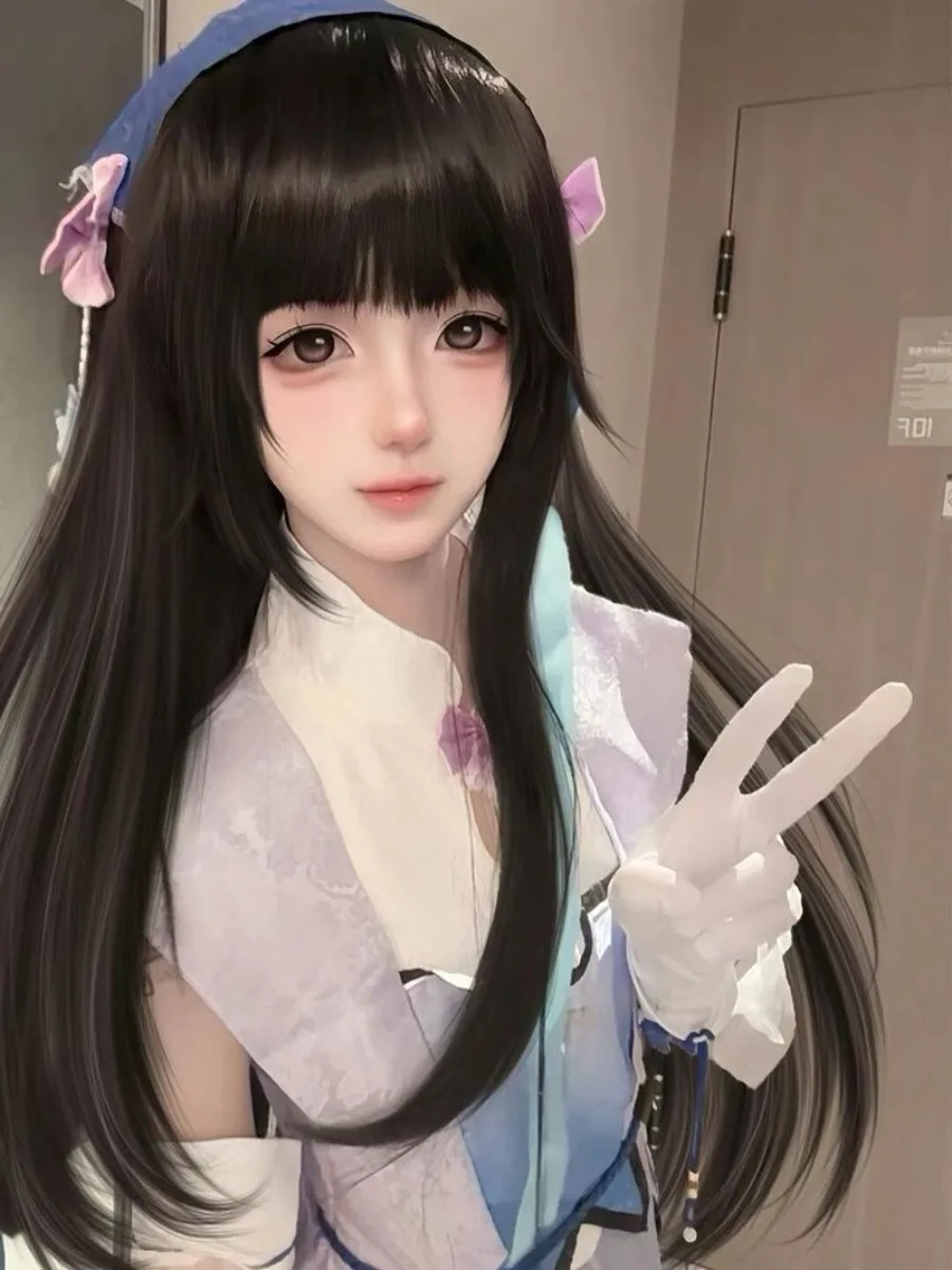 Peluca de cosplay de piel original de Honor of Kings Xishi |   Gorro completo de pelo largo y liso negro para convenciones