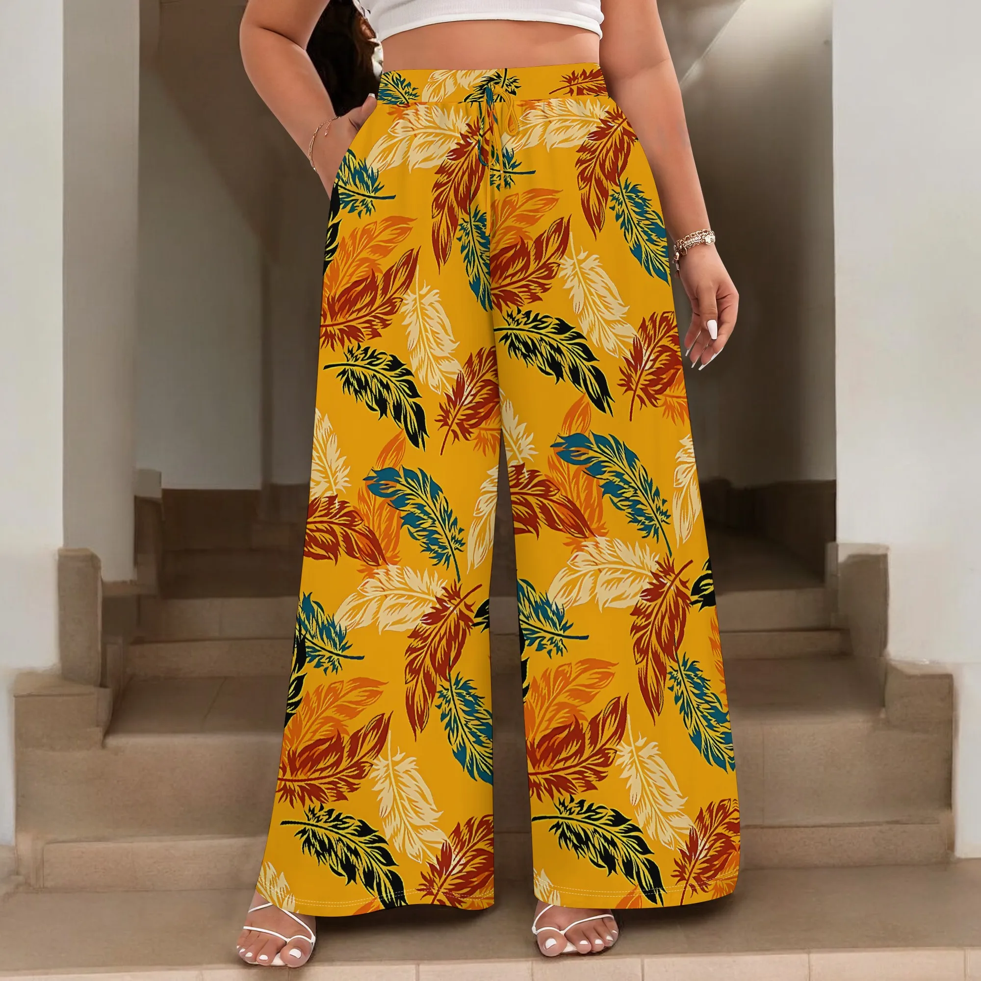 Nupusa Leaf Print Pants for Women Summer Casual High - Waisted Wide Leg Trousers