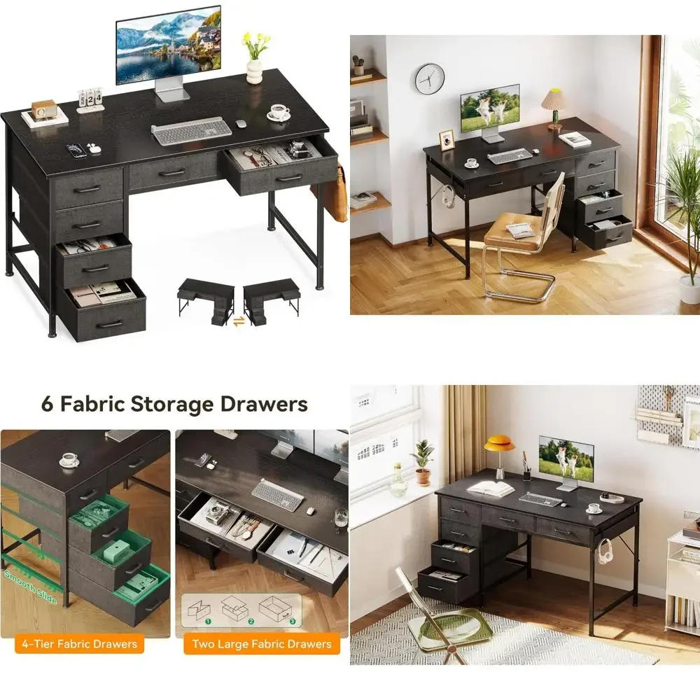 مكتب مدمج بـ 6 أدراج مقاس 40 بوصة مع مساحة تخزين وسطح قابل للعكس للاستخدام المنزلي والمكتب والدراسة