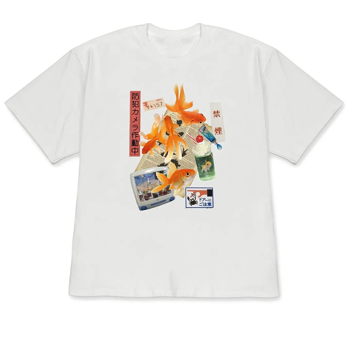 2026 Spring/Summer New Drop-Shoulder T-Shirt Short Sleeve Japanese Collage Style Goldfish Newspaper Decorative Drinks Small TV