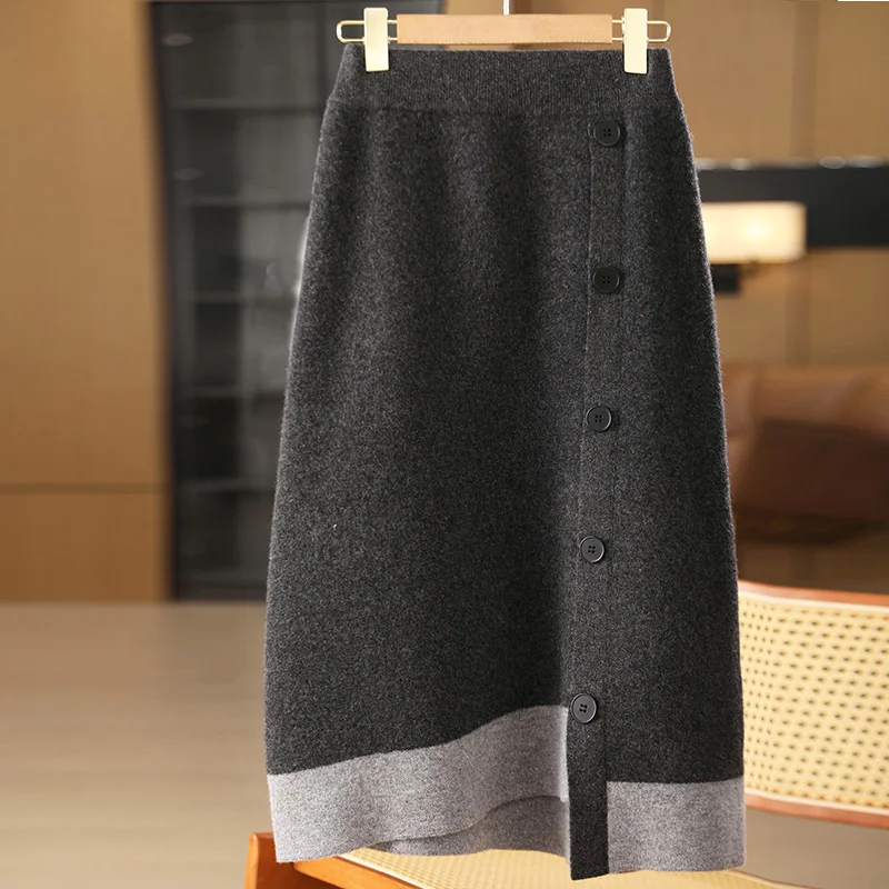 

Women's Autumn Winter New 100% Pure Wool Knit Base Skirt Fashion Button Color Block Chic Long Pack Hip A-Line Large Wool Skirt