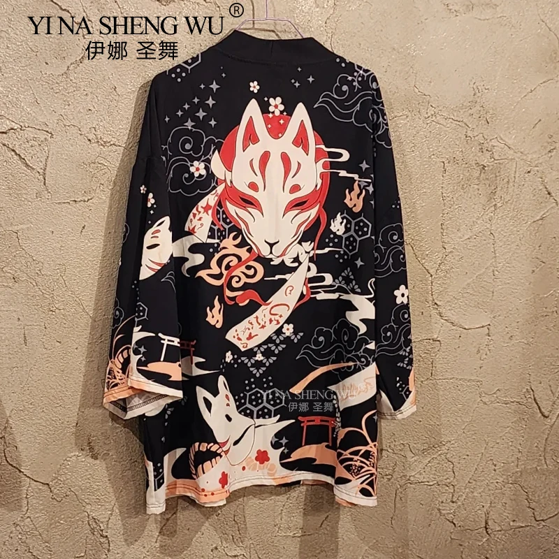 Flower Fox Kimono Japanese Anime Clothes Harajuku Ukiyo Painted Fox Mask Printed Kimono Men Women Cardigan Cosplay Streetwear