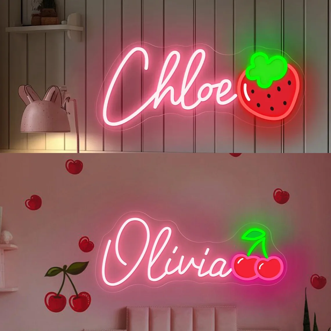 カスタムネームネオンサイン、かわいいチェリーUV印刷ネームサイン、女の子の部屋保育園寮の装飾、家の壁の装飾、子供へのギフト