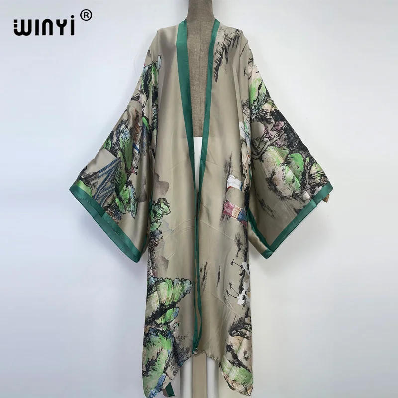 2022 Winyi Europa Kimono Vrouwen Vest Stitch Jas Cocktail Sexcy Boho Beach Cover Up Robe Afrikaanse Vakantie Lange Mouw Gewaad