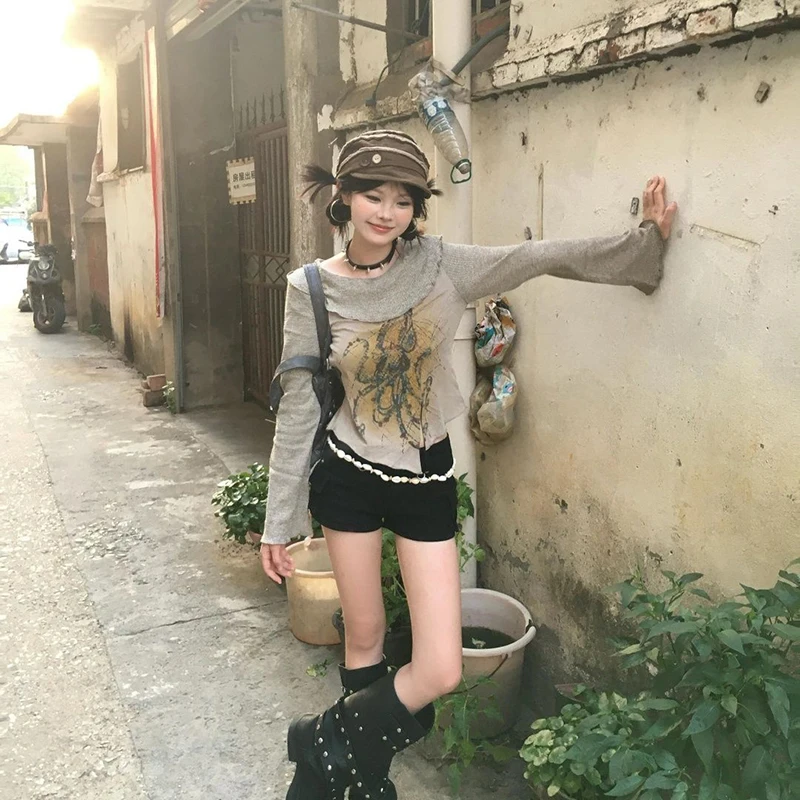 Y2K Irregular T Shirts Women Vintage 90S Print Long Sleeve Crop Tops Japanese Harajuku Aesthetic Slim All Match Split Tees New image 3