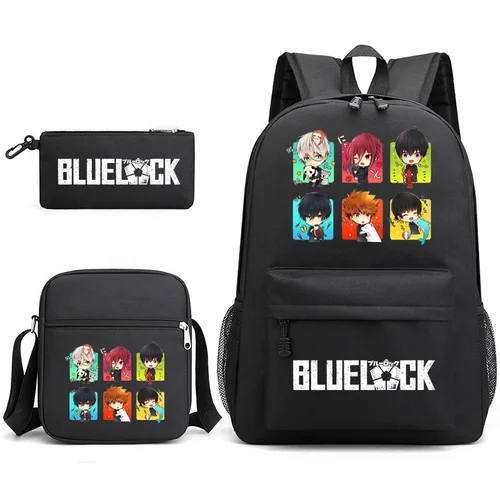 Mochila de dibujos animados de Anime con cerradura azul, tres juegos de mochilas para adolescentes, tres juegos de mochila de gran capacidad, bolso de hombro, bolso para bolígrafos