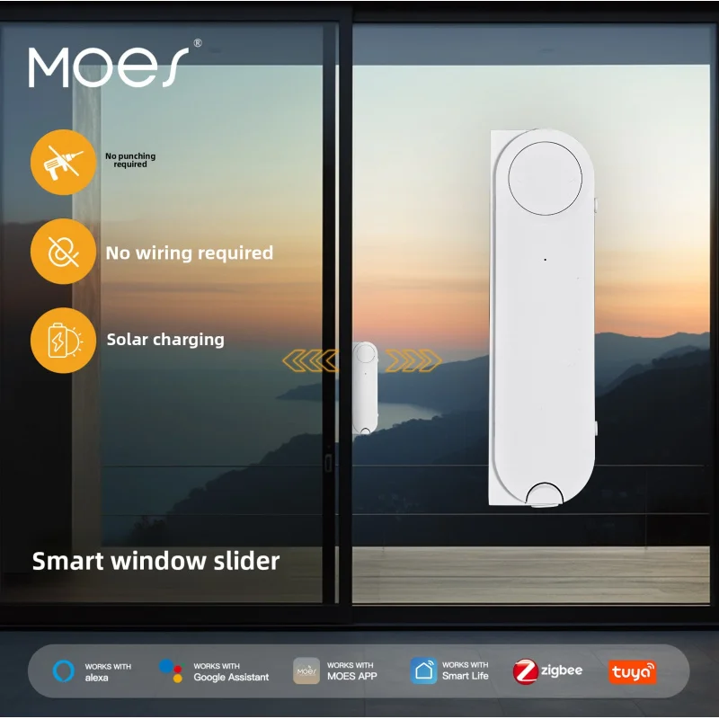 

Умный автоматический открыватель-закрыватель раздвижных окон MOES Tuya ZigBee с солнечной зарядкой, управление через приложение, поддержка Alexa и Google Home