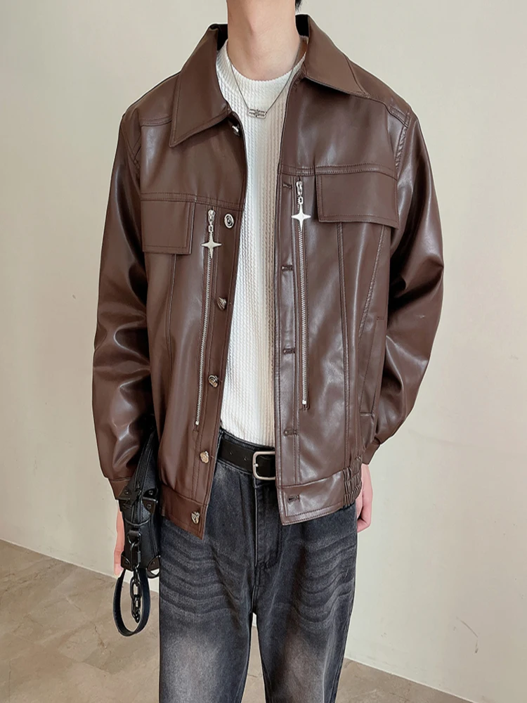 

Autumn and winter high-quality PU men's leather jacket with thickened warm flip collar, short zippered Korean