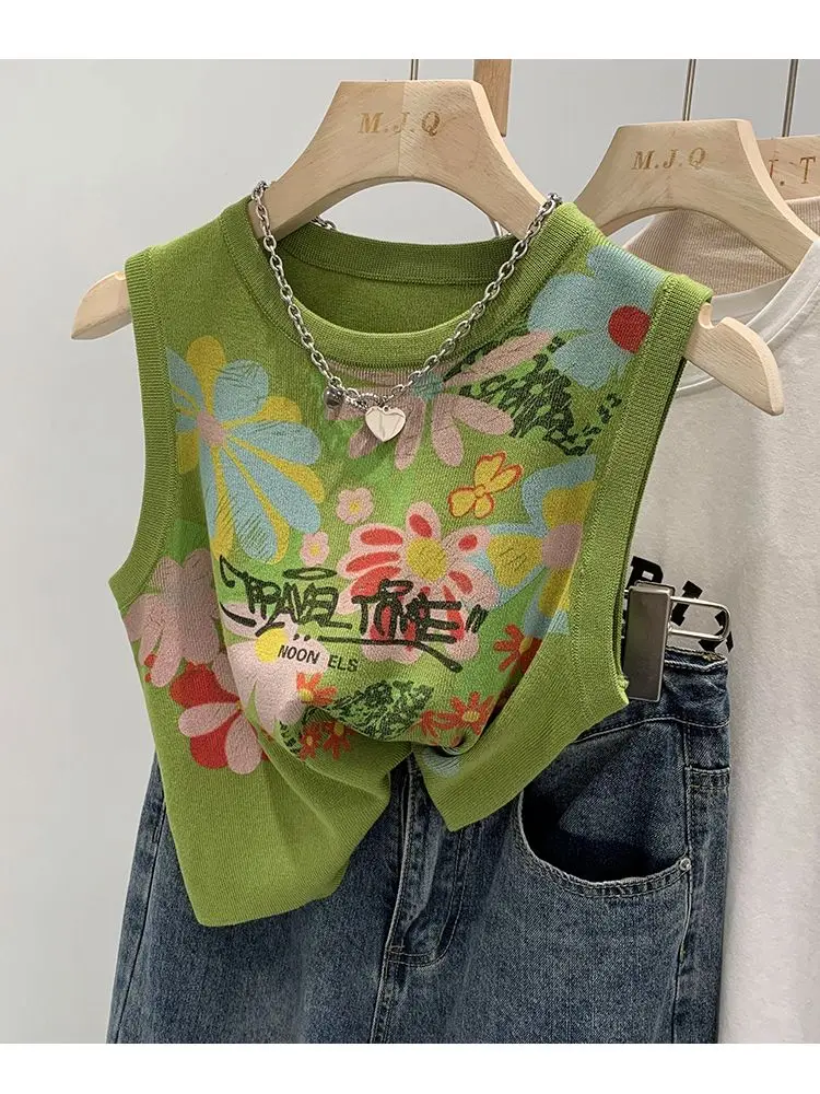 Vintage Graffiti Flower Print Knitted Camisole Women Sweater Vests Crop Tank Tops Fashion Sexy Streetwear Sleeveless Knitwear