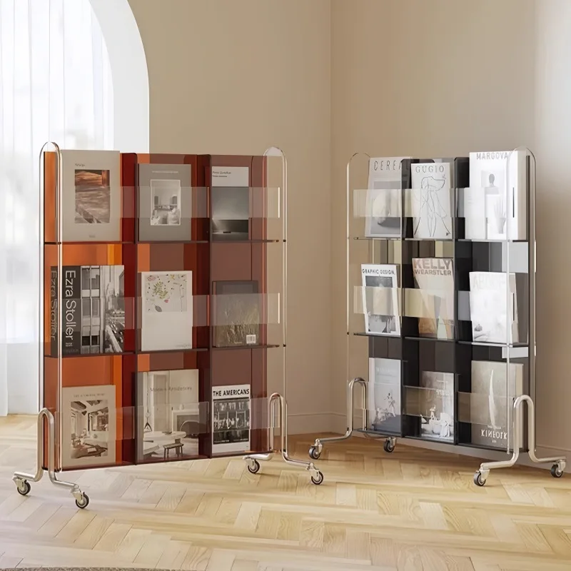 

Movable multi-layer floor acrylic display stand Reading light luxury bookshelf Modern simple newspaper rack Storage CD rack