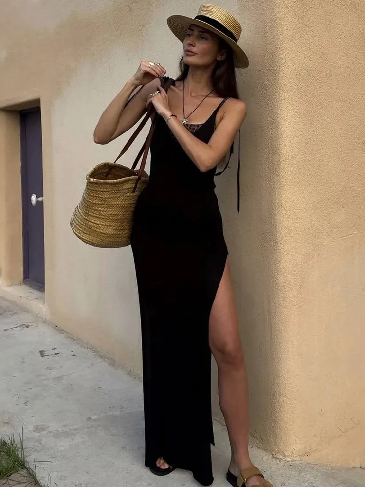 Sisterlinda Summer Release Junior Fashion Sexy High Street Long Dress K25D68542 Girl Solid Halter Slim Cleavage Backless Robe