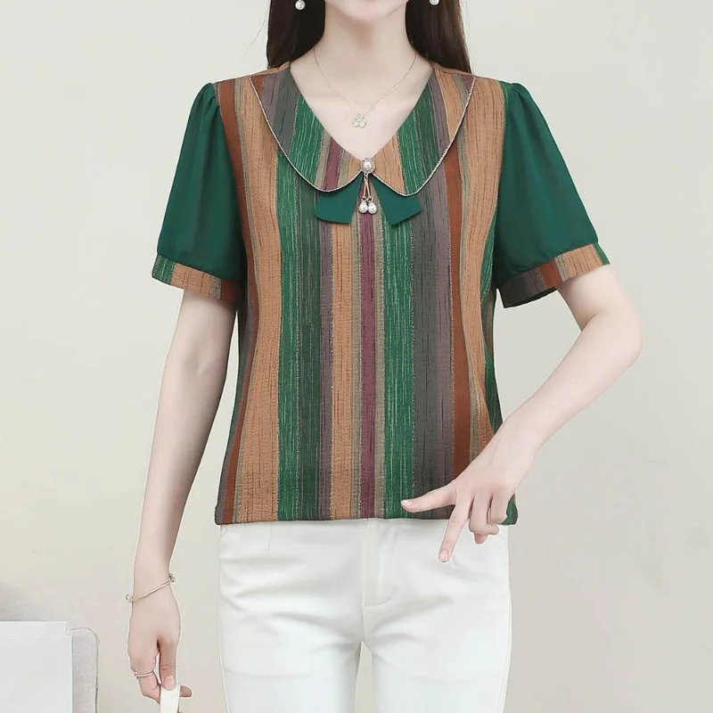 Doll Neck New Middle-aged Women Summer Short Sleeve T-shirt Embroiled Striped Fashion Vintage Casual Temperament Thin Tops 5XL
