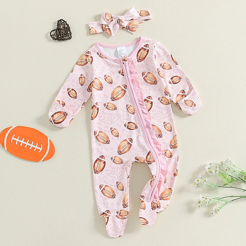 Baby Girl Bodysuits Football Print Ruffled Zip Up Footie Long Sleeve Fall Romper Headband Outfits