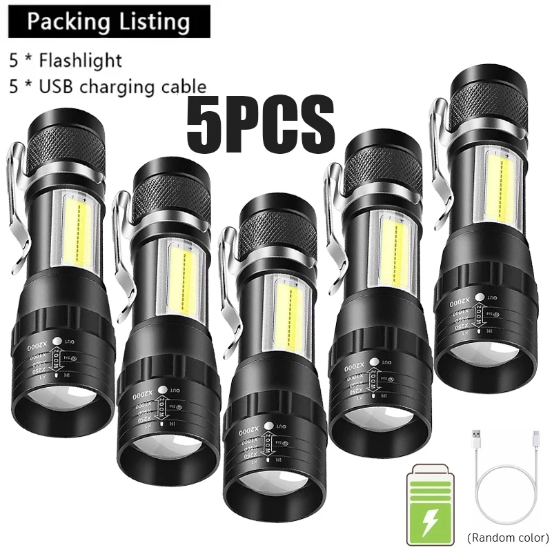 1-5PCS Mini LED Flashlight Zoom Torch COB+XPE Lamp Built-in Battery Lamp Outdoor Waterproof Emergency Pocket Light With Pen Clip