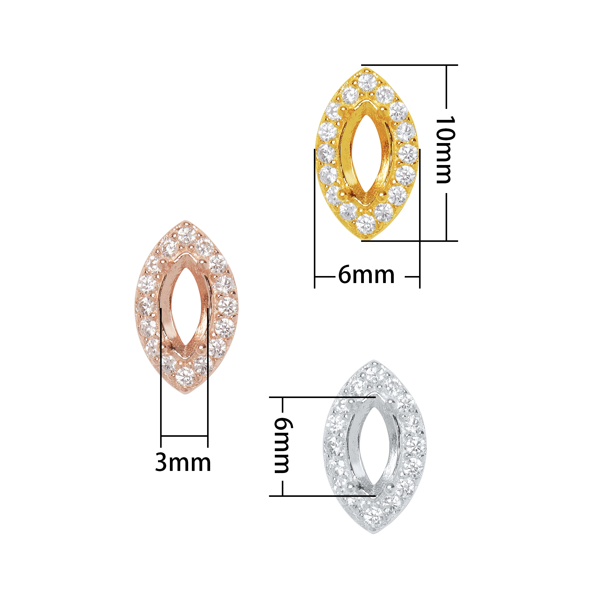 3x6MM Halo Marquise Prongs Pendant Settings,Solid 925 Sterling Silver Rose Gold Plated Charm,Pave Stone Pendant 1431281