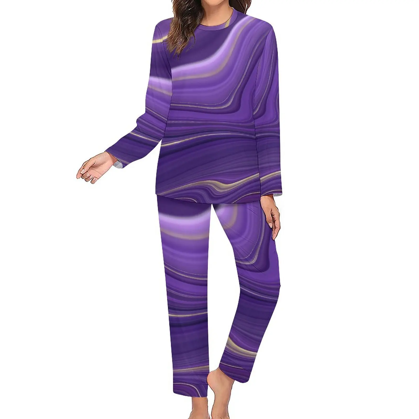 Purple Marble Pajamas Abstract Liquid Romantic Pajama Set Lady 2 Pieces Sleep Oversize Design Sleepwear Gift