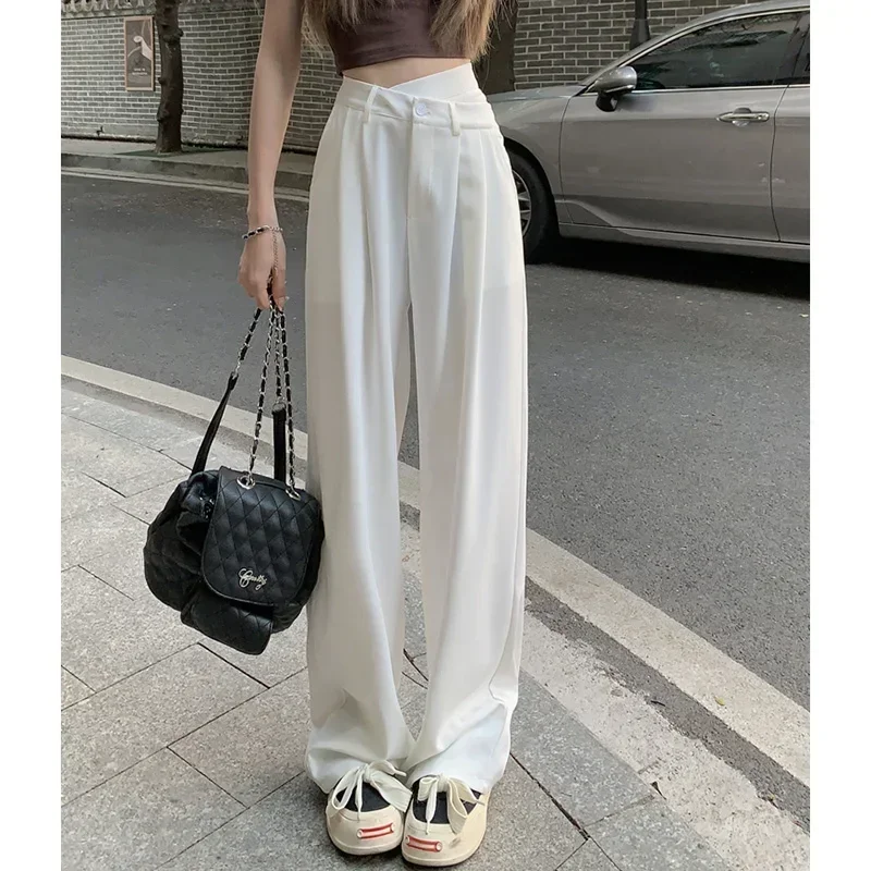 Women Daily Commute Solid Color Suit Pants Lady Baggy Wide Leg Straight Leg Trousers Female Designer High Waisted Draping Slacks