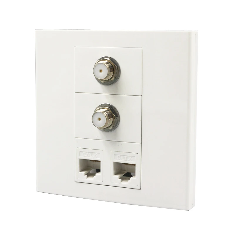 Dual F Head Digital TV Plug With 2xCAT6 RJ45 Network Socket Faceplate White Color For Television Internet Connector Wall Outlet