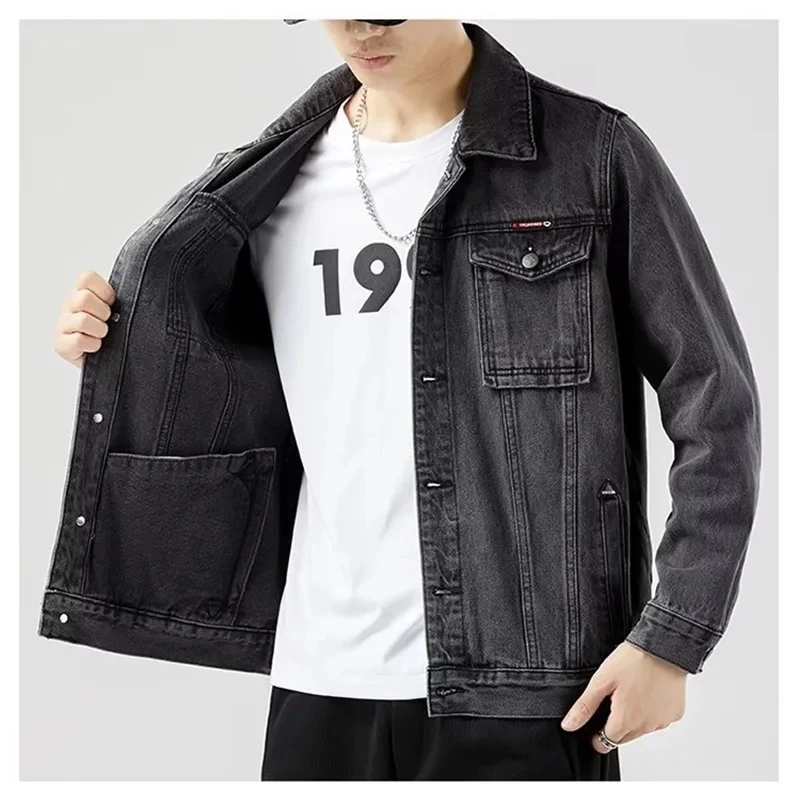 2024 New Spring Men Solid Lapel Denim Jackets Fashion Motorcycle Jeans Jackets Hommes Slim Fit Cotton Casual Black Blue Coats