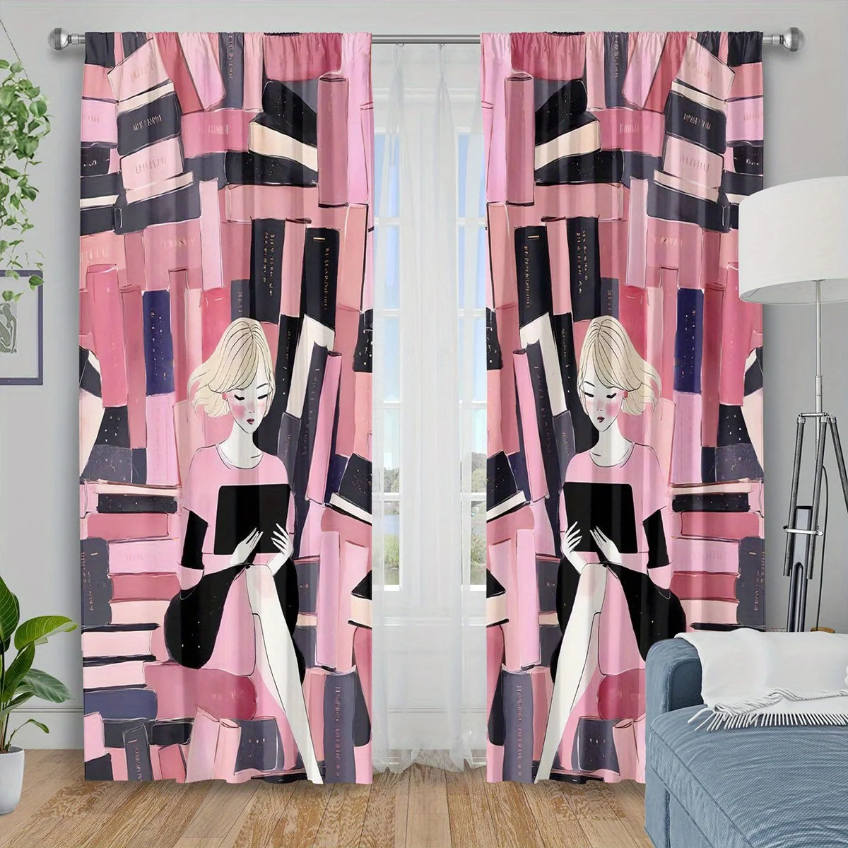 Pink Abstract Fashion Girl Curtains, Modern Geometric Lady Print Blackout Drapes, Chic Home Decor for Living Room Bedroom Window