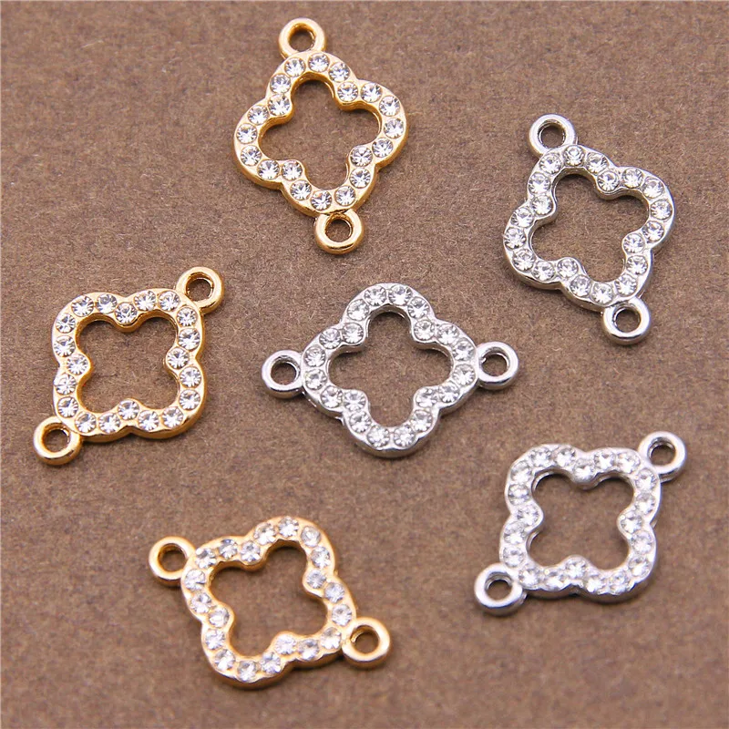 6pcs Filled Plated Rhinestones Double Hanging Four-leaf Clover Pendant Hand Material DIY Bracelet Earrings Connected Accessories