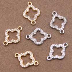 Colgante de trébol de cuatro hojas con diamantes de imitación chapados, Material de mano, pulsera DIY, pendientes, accesorios conectados, 6 piezas