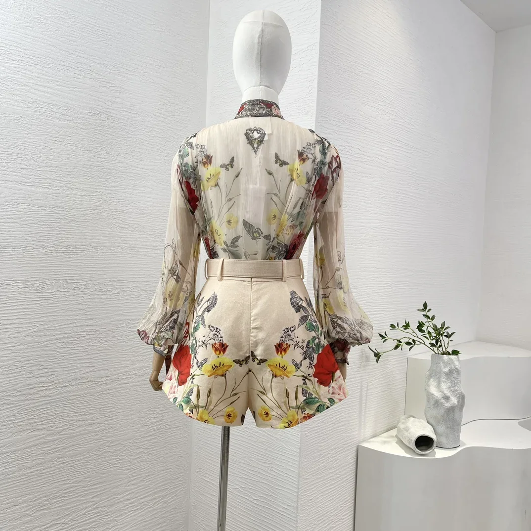 Summer 2024 Women New Holiday Collection Floral Print Long Lantern Sleeve Vintage Silk Blouse Tops and Belted Linen Shorts Set