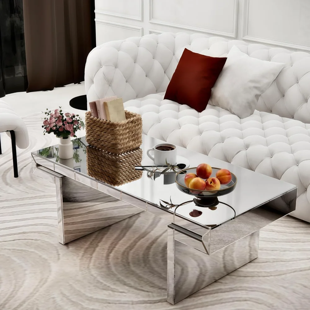 48" Modern Luxury Rectangle Mirrored Coffee Table - Silver Finish Center Table with Fluted Glass Edge