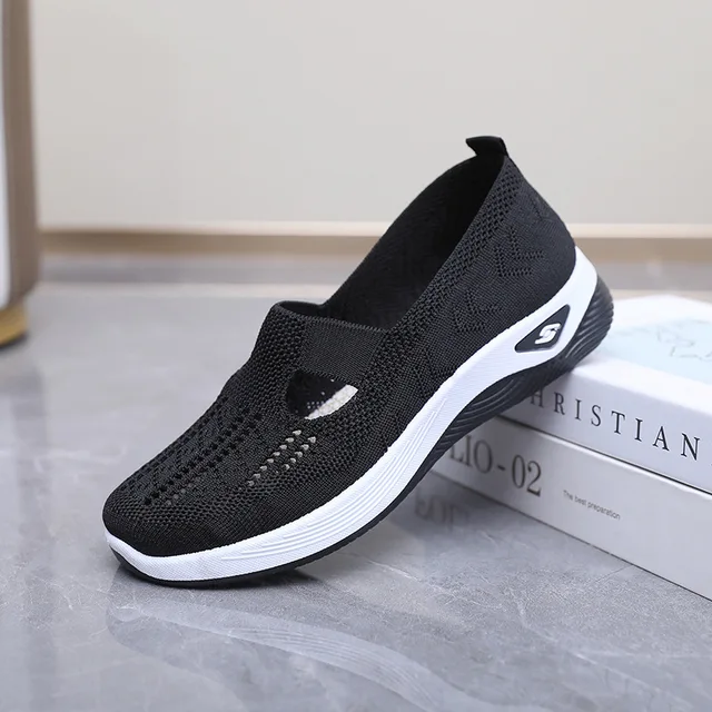 Women's Casual Mesh Sneakers – Cut-Out T-Strap & Cushioned Wedge Sole