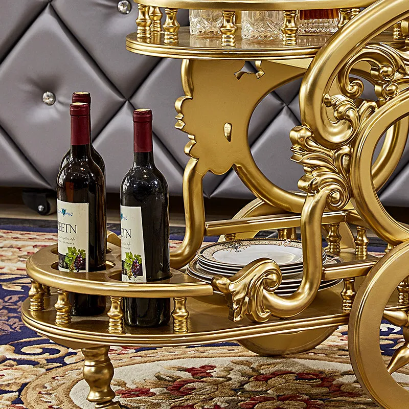 European style noble luxury solid wood champagne gold engraved family trolley serving cart restaurant
