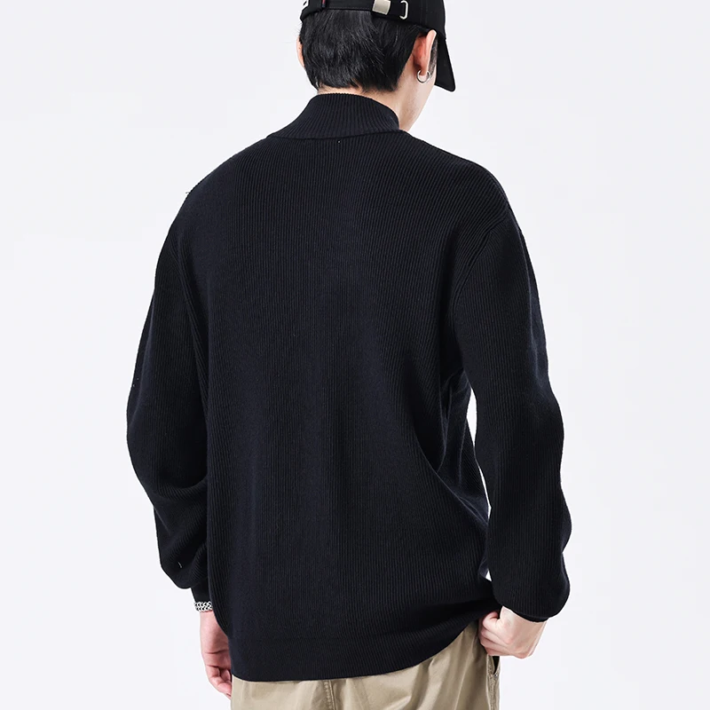 Autumn and winter new vertical stripe half zipper design men's Japanese retro versatile trend stand up collar loose sweater
