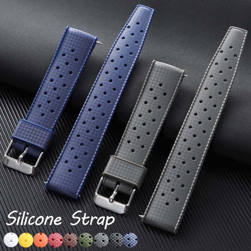 20mm 22mm Quick Release Silicone Watch Strap Breathable Perforated Rubber Watchband Waterproof Dive Sport Replacement Bracelet