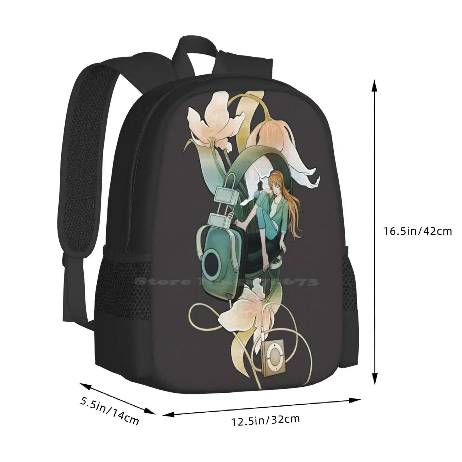 Thumbelina-رمادي تصميم الأزياء نمط السفر كمبيوتر محمول حقيبة المدرسة حقيبة الموسيقى Thumbelina الزهور فتاة الاستماع الشعر الأحمر الصغير #3