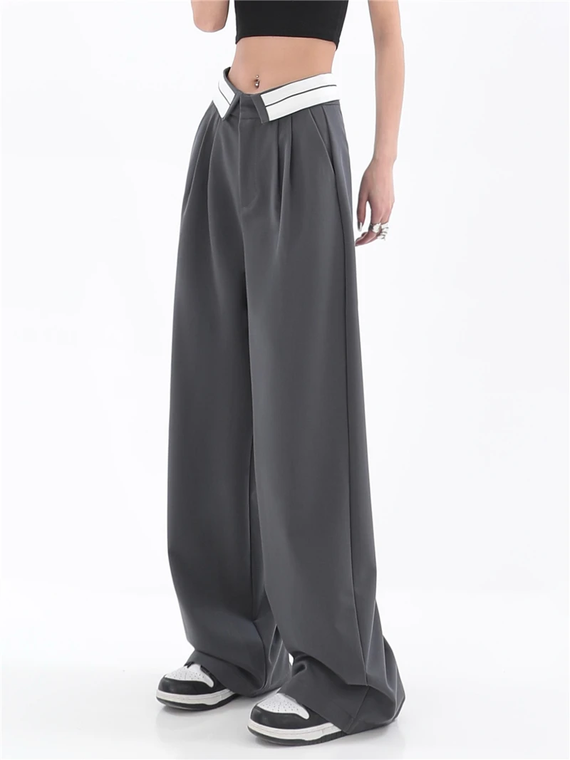 2023 Summer Fashion Women Grey Solid Simple Chic Long Trousers High Waist Loose Casual Design Baggy Soft Pants Streetwear Daily