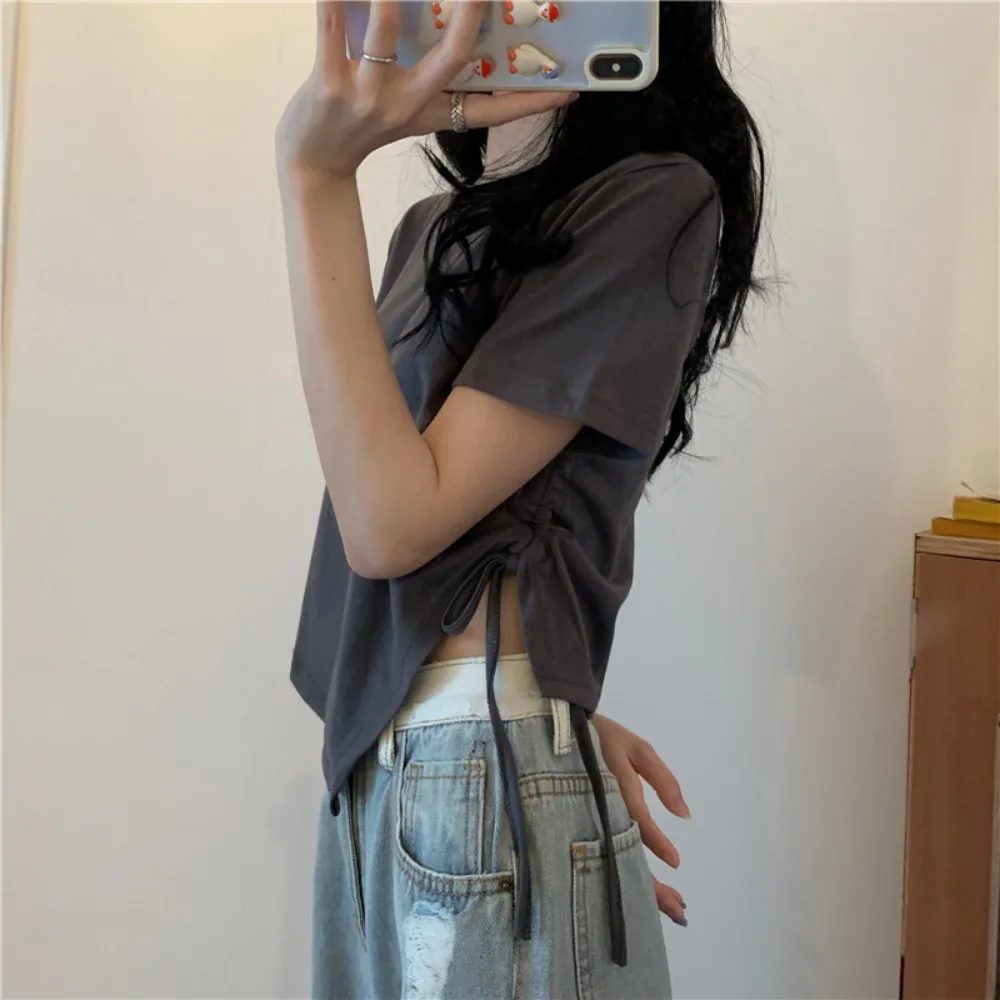 2024 Irregular Drawstring Short Sleeves Summer Versatile Shoulder Short Sleeve T-shirt Korean Style Raglan Sleeve Female