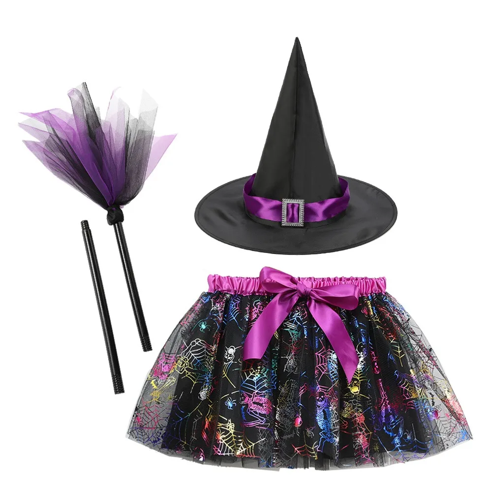 

3Pcs/set Wizard Childern Halloween Costumes Pointy Hat Broom Witch Dress Set Bright Color Costume Cosplay Props