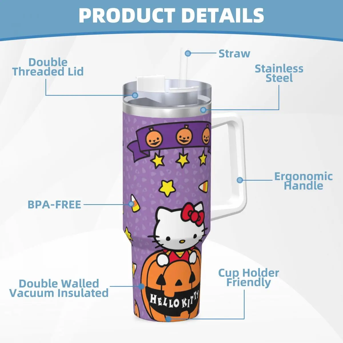 Hello Kitty Halloween Roestvrijstalen Tumbler Reiskoffie Mok Met Rietjes En Deksel Grote Auto Mokken Koud En Warm Water Fles