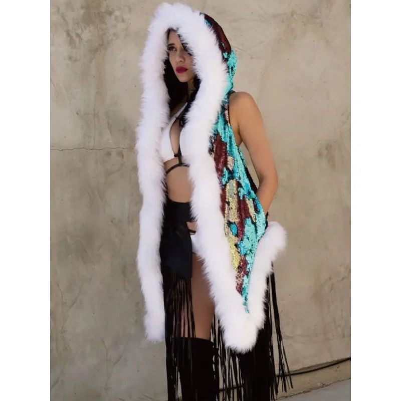 

Halloween Nightclub Party LED Sequins Fur Coat Hoodie Sleeveless Women Rave Outfit Winter Warm Jacket Fashion Singer Stage Wear