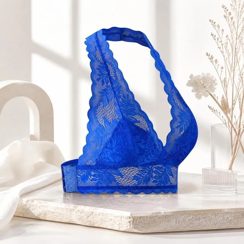 Vestenartiger Neckholder-BH mit Spitze, Push-Up-Effekt, transparentem Netzstoff, Schönheitsrücken, seitlicher Schnalle, unsichtbarer, drahtloser BH für den täglichen Gebrauch. – Detail 7