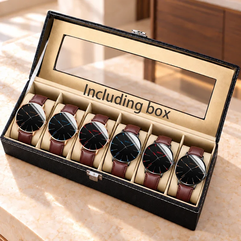 Luxury 6Pcs Geneva Men Business Quartz Watch Set Slim Case Simple Black Dial Brown Leather Band With Watch Display Case