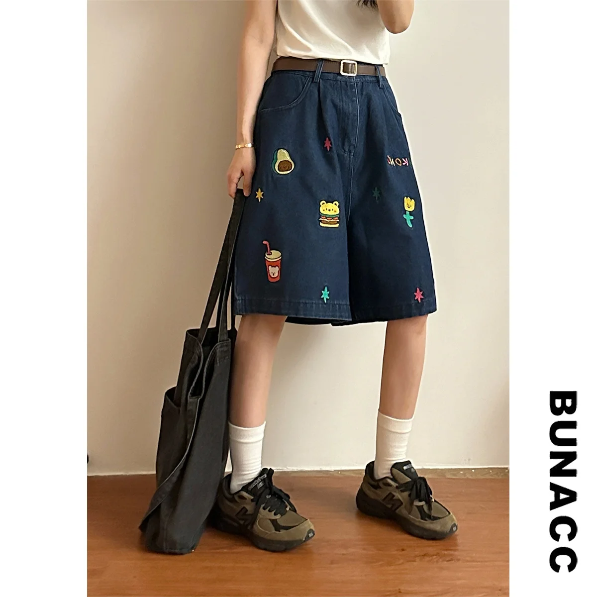 

BUNACC Summer American Retro Loose Casual Embroidered Denim Wide Leg Five-Point Short Pants Women's Comfortable Cute Style