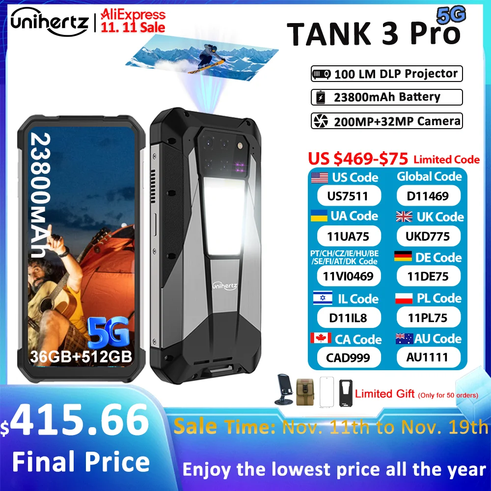 Unihertz Tank 3 Pro 8849 Rugged 5G Phone with 100 Lumens Projector Android 14 32GB 512GB 23800mAh Waterproof Phone WIFI 6 NFC