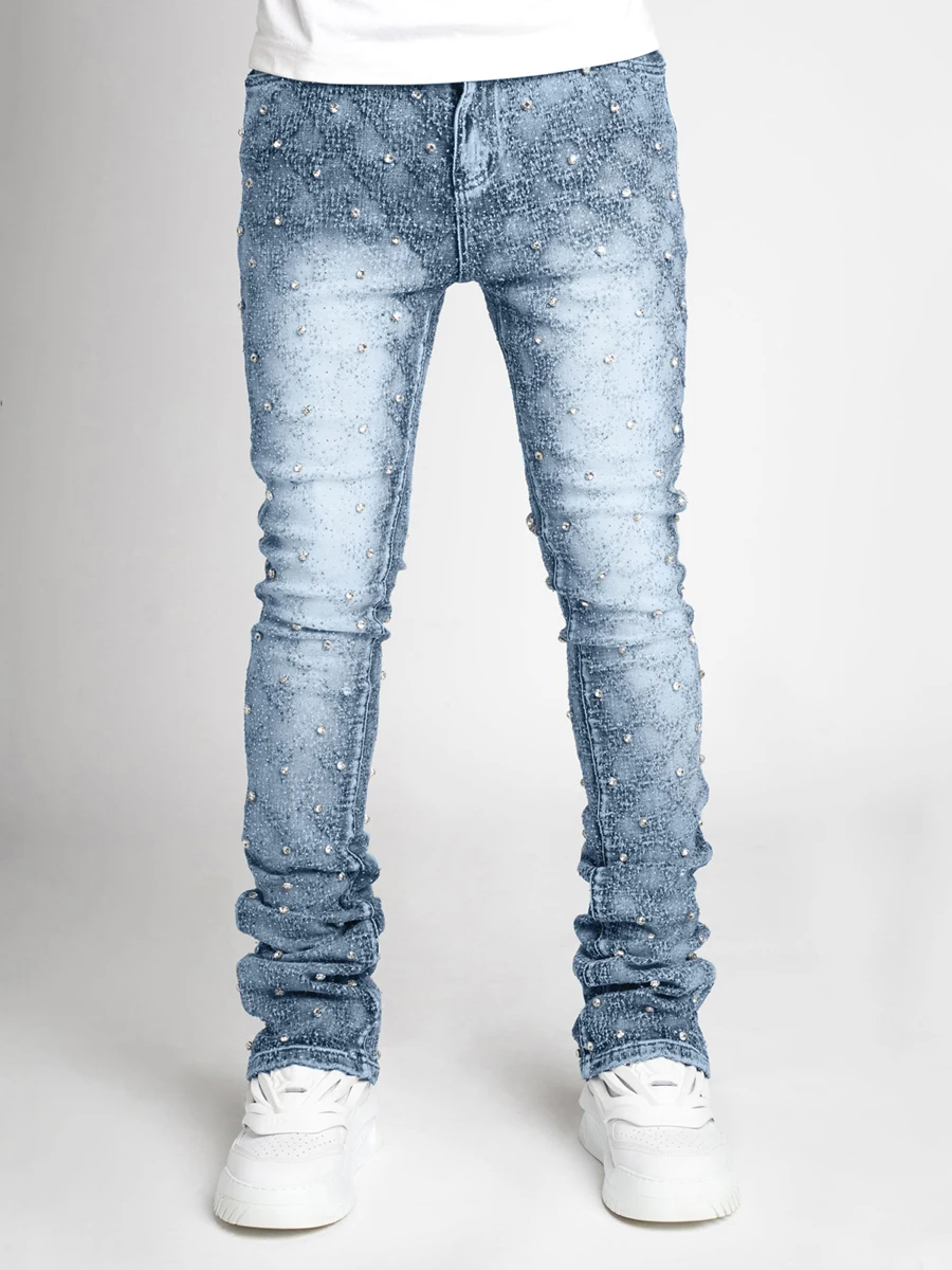 2024 New Fashion Men's Spring Summer Skinny Jeans Fashion Rhinestone Streetwear Denim Pants with Pockets