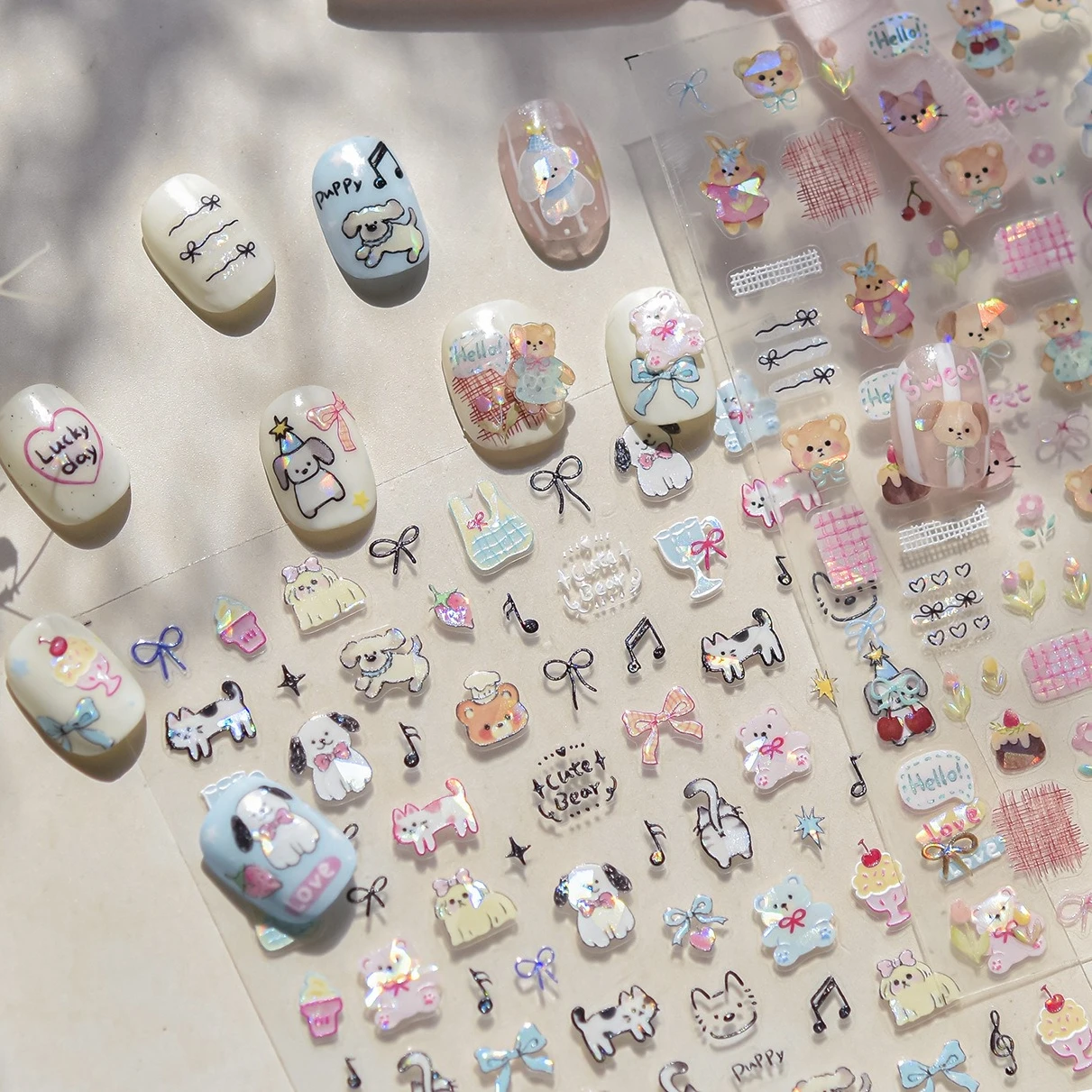 Graffiti ours chat chaton chien chiot nœud papillon gâteau tulipe Note étoile cerise tasse adhésif Nail Art décoration autocollant manucure décalcomanies