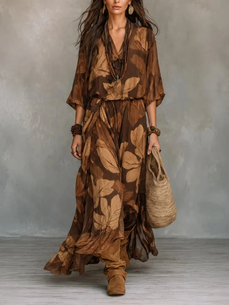 Vintage Elegant Leaf Printed Maxi Dress Fashionable V-Neck Batwing Sleeve Women's Summer Elastic Waist Flowy Boho Dresses