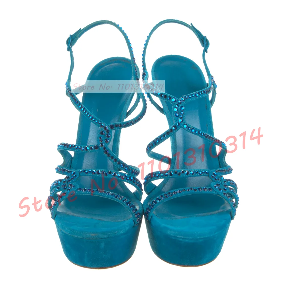 Sandali con plateau in pelle scamosciata di cristallo blu donna Bling Cross Strap Stiletto tacchi alti scarpe Ladies Party Casual eleganti sandali