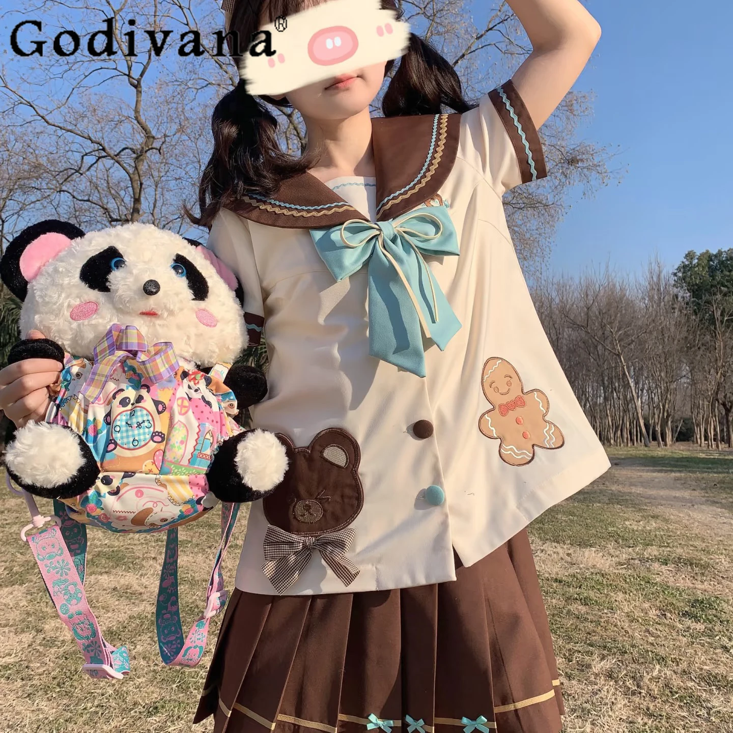 

Original JK Uniform Set Summer Autumn Japanese Style Lolita Student Kawaii Navy Collar Short-sleeved Top Mini Skirt 2-piece Set