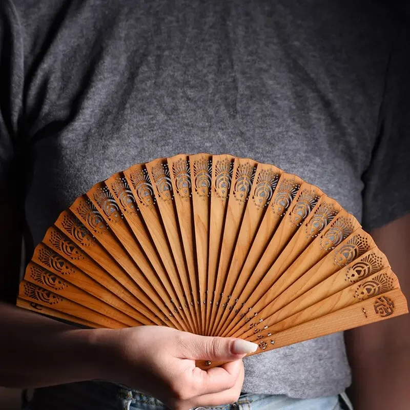 Chinese Traditional Hand Carved Cliff Cypress Folding Fan, Solid Wood Craft Decorative Fan, Classical Art Ornament Gift
