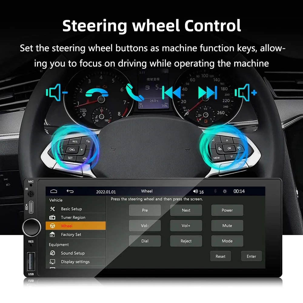 6.86 Inch 1Din Touch Screen Car Multimedia Radio BT Carplay Android Auto USB RDS FM MP5 Player SWC Wireless Mirror Link Video