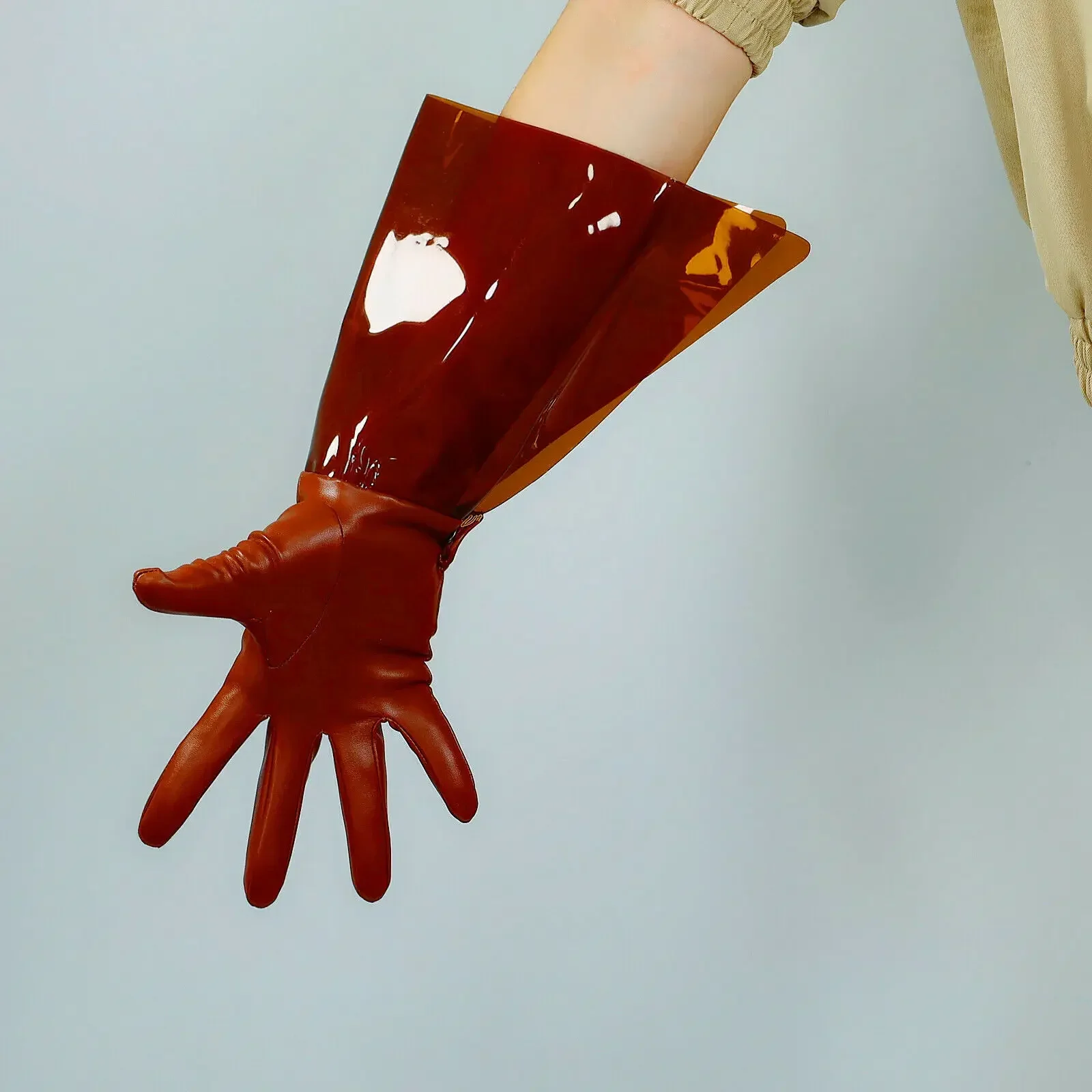 Brown Plastic GLOVES CLEAR PVC Puff Transparent Sleeves Faux Leather 38cm Long Evening Dressing Party Cosplay Halloween Glove